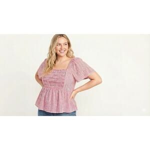 Old Navy Top XL Tall Peplum Smocked Square Neck Striped Pink Cotton Rayon Blend